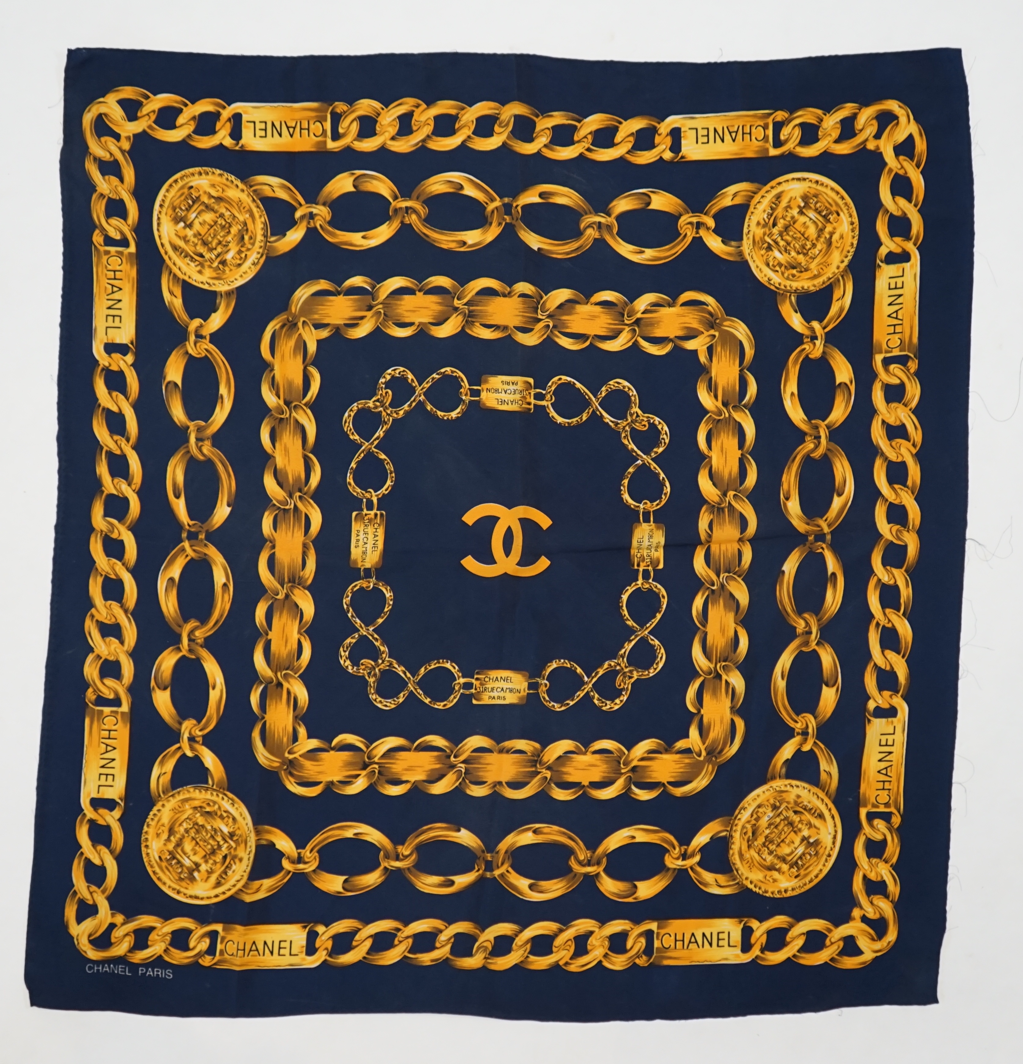 A Chanel Blue Chain large silk scarf, 80cm x 80cm